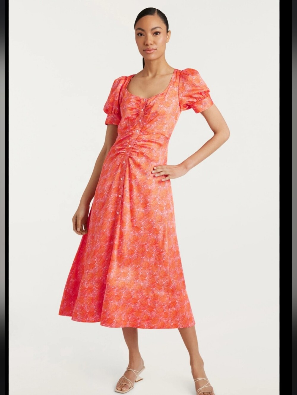 Cinq A Sept Ximena Summer Wave Orange Puff Sleeve Button Down Midi Dress Size 4
